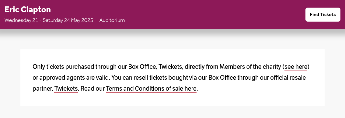 A notice about official tickets on the Royal Albert Hall website.