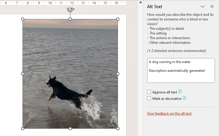 A PowerPoint slide containing a picture of a dog running through water, and PowerPoint's alt text generated automatically.