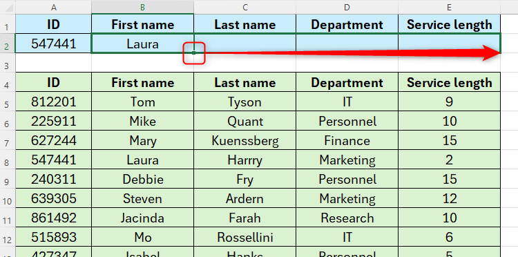 A retrieval table in Excel, with the fill handle being used to duplicate the DGET formula to other columns in the table.