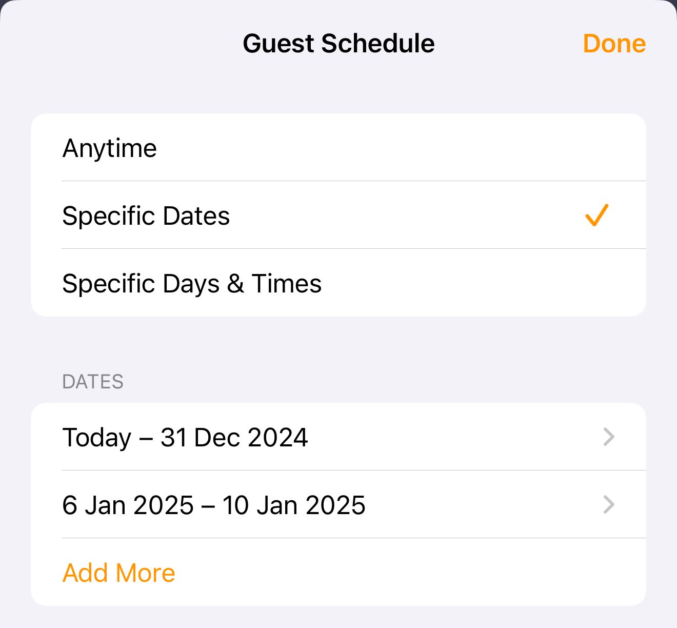 A schedule for a guest coming to stay for two periods of time.