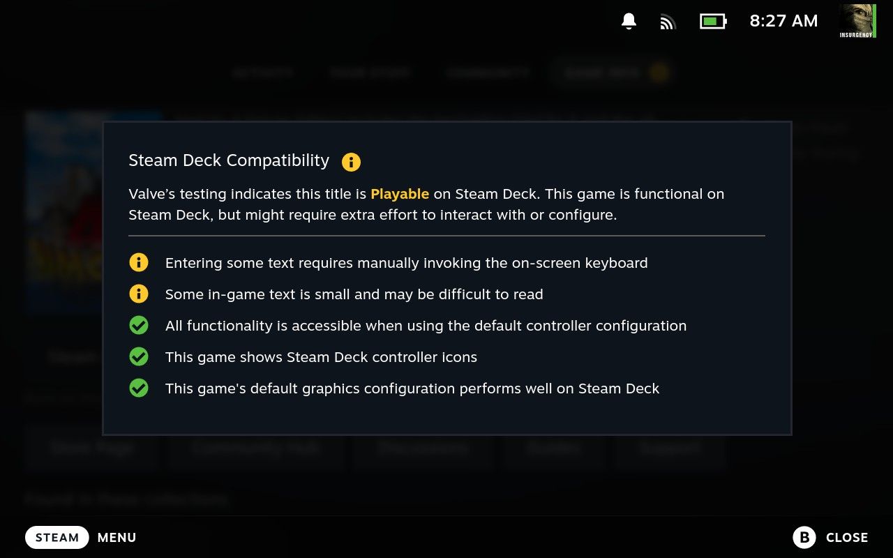 A Steam Deck compatibility disclaimer in SteamOS.