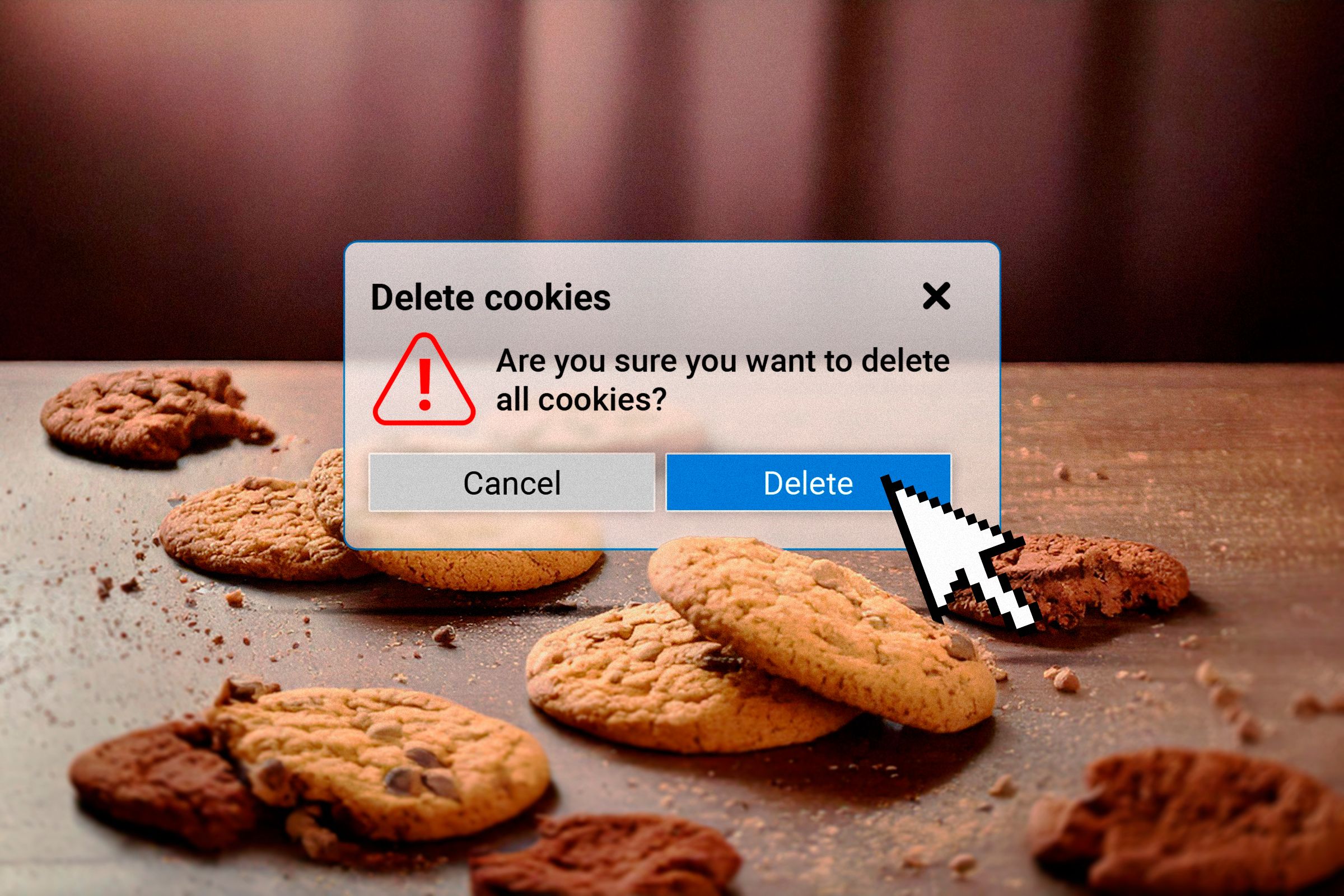 A table with cookies scattered around and a window open to delete cookies.