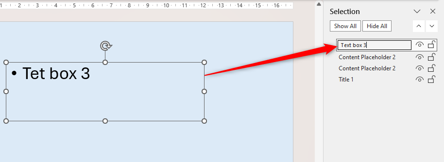 Uma caixa de texto no PowerPoint sendo renomeada como Caixa de texto 3 no Painel de seleção.