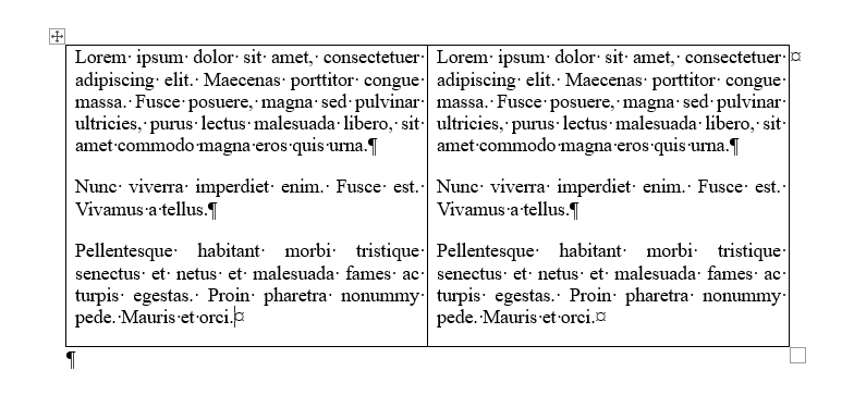 A two-columned, single-row table in Microsoft Word, with each column containing text.