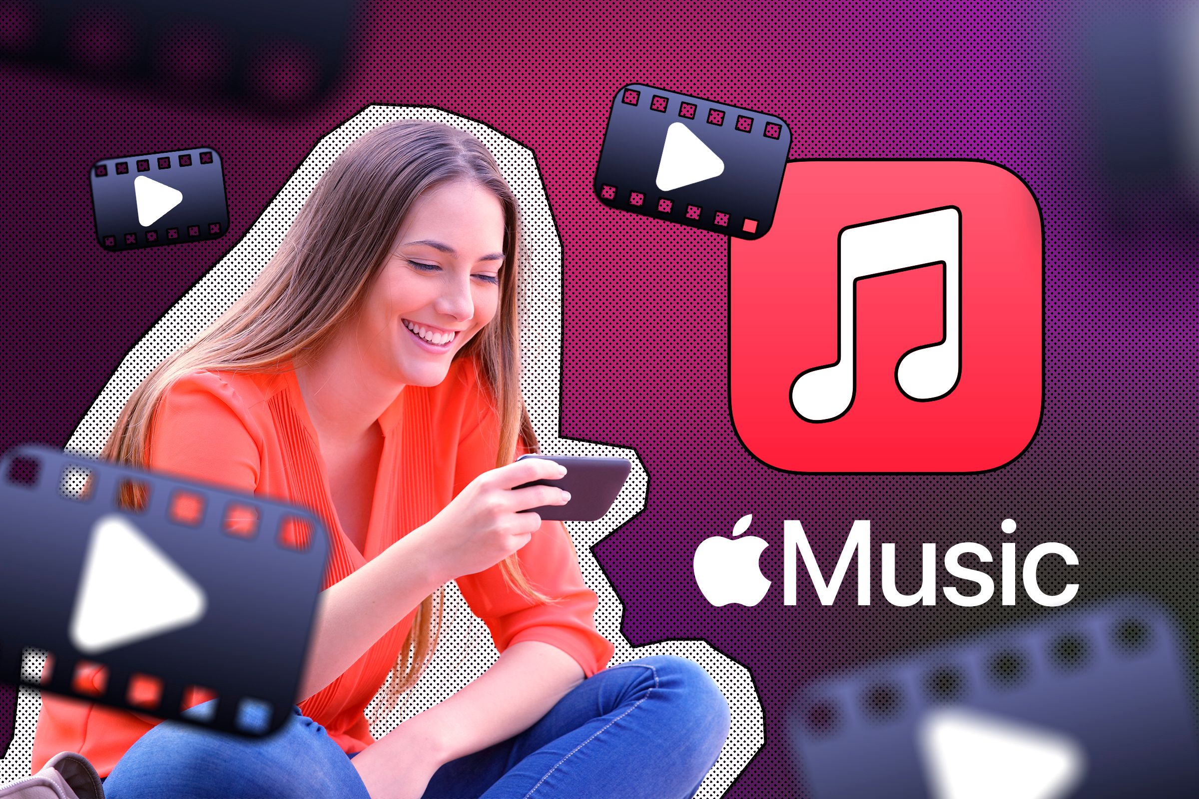 A woman watching a video on her phone with the Apple Music logo beside her and video icons around.