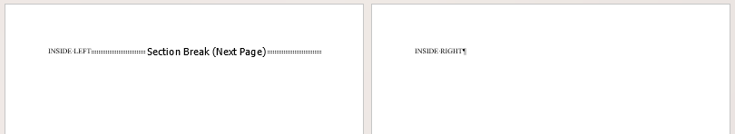 A Word document containing two pages (labeled INSIDE LEFT and INSIDE RIGHT), separated by section breaks.