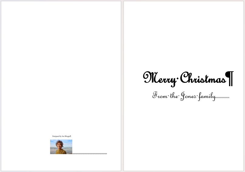 A Word document showing the front and back of a Christmas card design in progress.