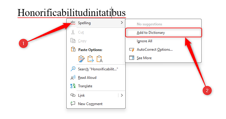 A word in Microsoft Word that is identified as incorrect, and the Add To Dictionary option is selected.