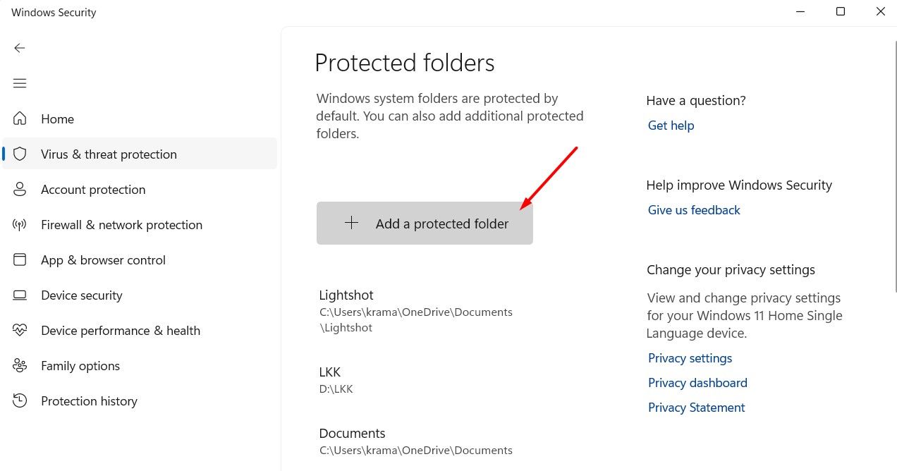 Add A Protected Folder button in the Windows Security app.