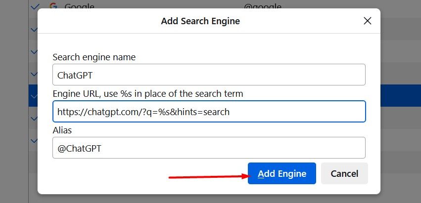 Add Engine option in Chrome.