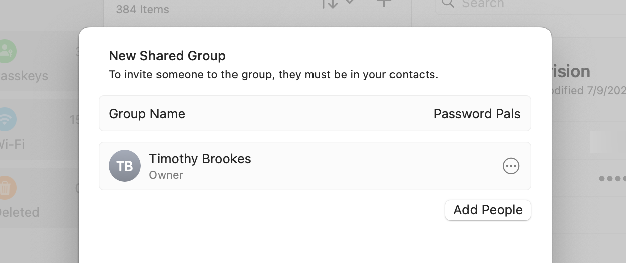 Add people to a new shared passwords group in Apple Passwords for Mac.