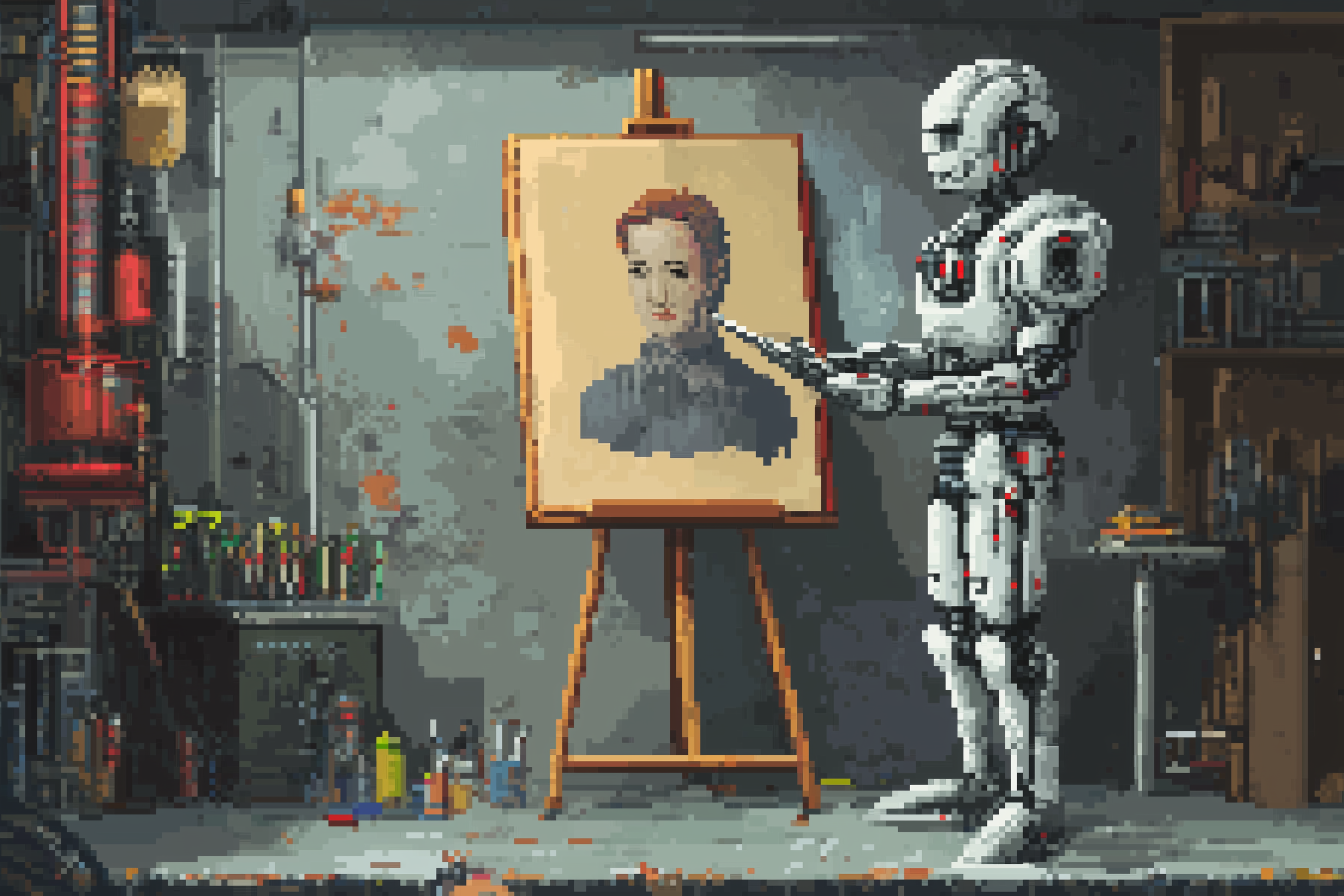 AI-generated pixel art of a robot painting a portrait on an easel.