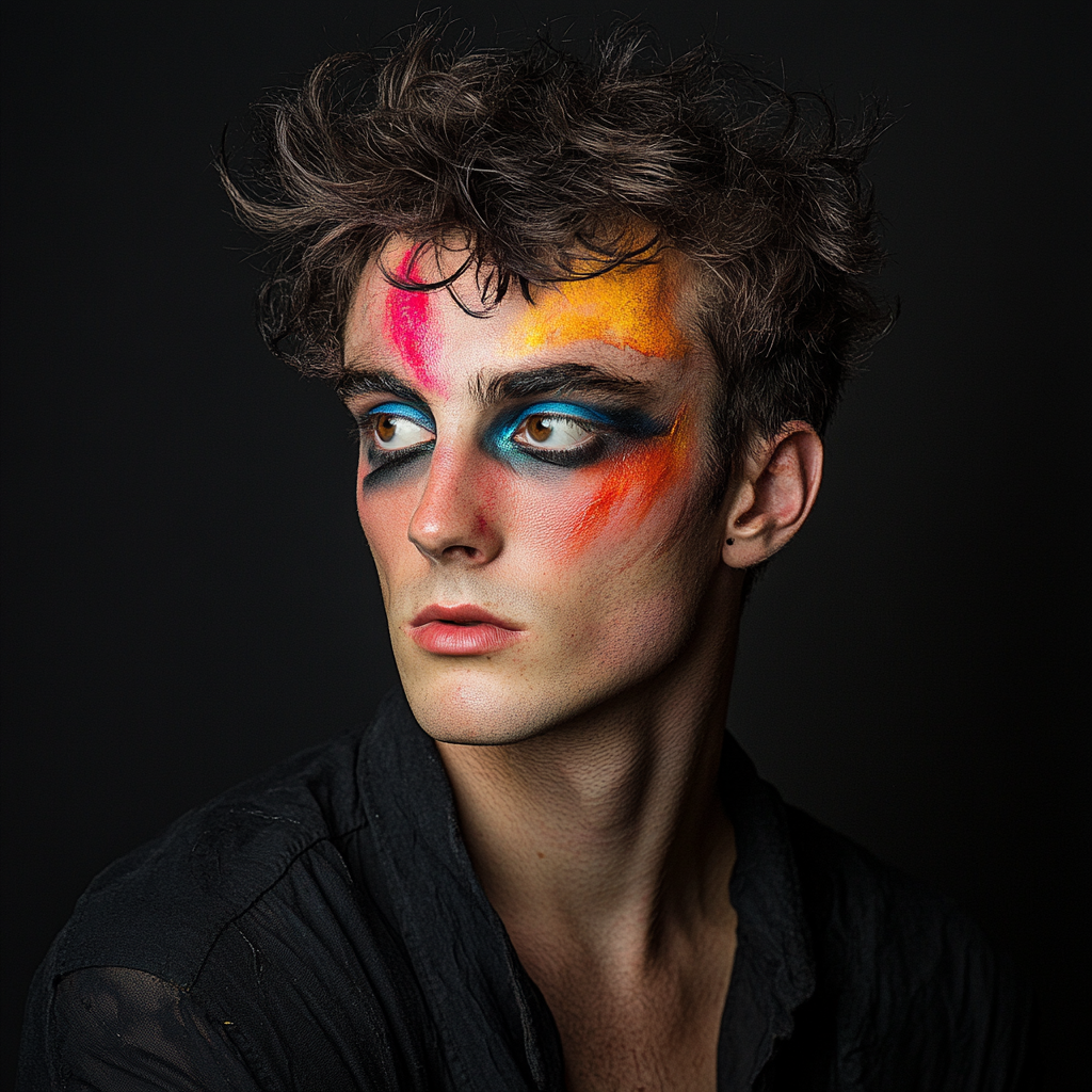 Ai-generated professional photograph of a male model with avant garde makeup.