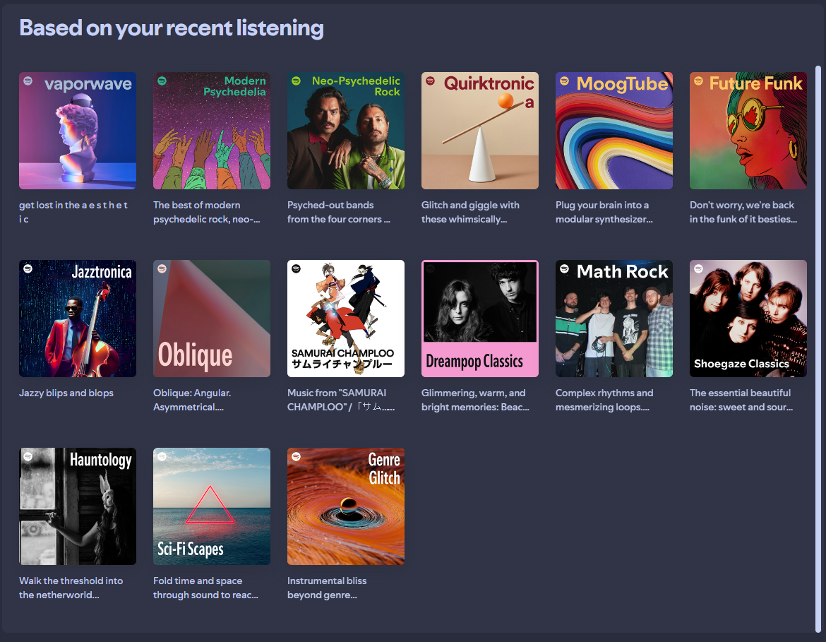 Похожие плейлисты Spotify в разделе «На основе ваших недавних прослушиваний».
