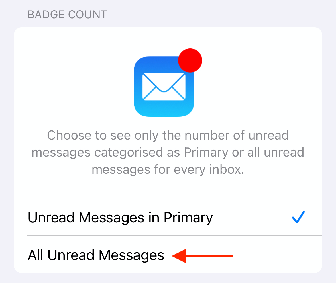 All Unread Messages option in Mail notification settings on iPhone.