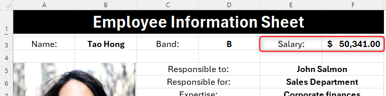 An employee information sheet in Excel, with the employee's salary highlighted.