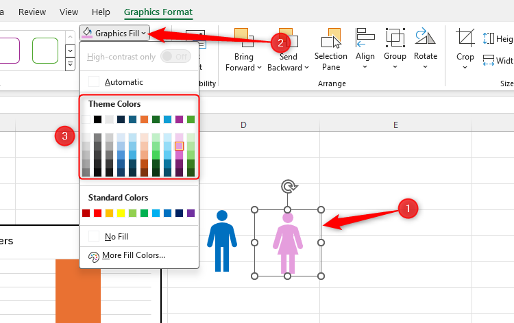 An Excel sheet containing a blue male icon and a pink female icon, with the Graphics Fill menu extended to demonstrate how this is achieved.