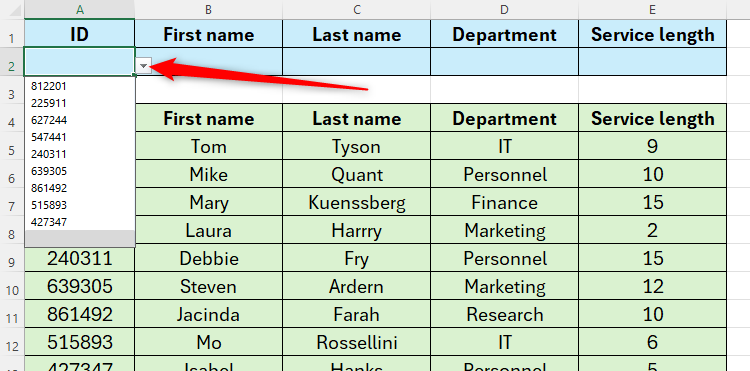 An Excel sheet containing a drop-down list in cell A2, added through the Data Validation tool.