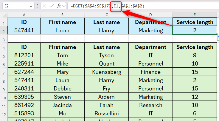 An Excel sheet containing an adaptable DGET formula, where the reference in cell E2 uses the detail in cell E1.