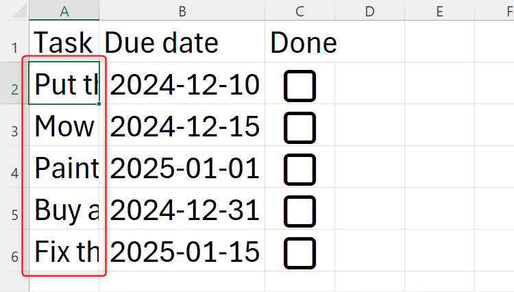 An Excel sheet containing text in a column whose width isn't wide enough to display all the text.