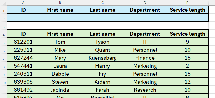 An Excel sheet containing two tables. A two-row blue lookup table is at the top of the sheet, and a green database table is underneath.