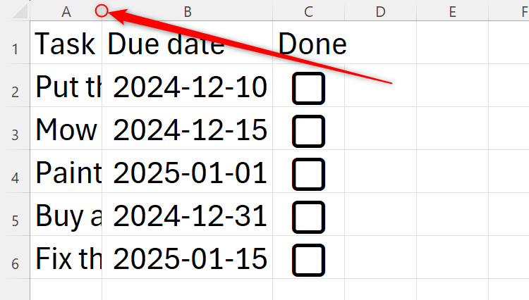 An Excel sheet with an arrow indicating where to double-click to change column width.