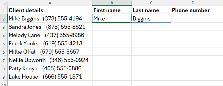 An Excel spreadsheet containing a first name and surname extracted into cells B2 and C2 from cell A2 using REGEXEXTRACT.