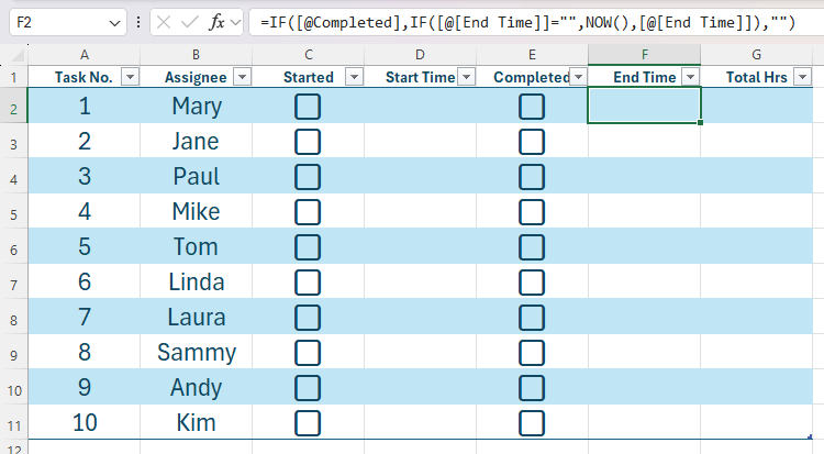 An Excel table containing nested IF functions to generate a timestamp when a corresponding checkbox is checked.