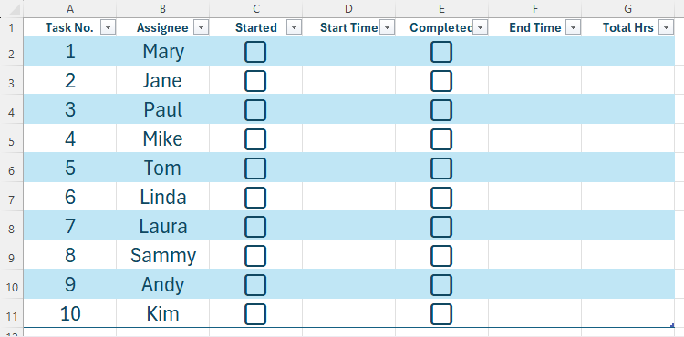 An Excel table containing two columns of checkboxes, which will display when a task has been started and when a task has been completed.