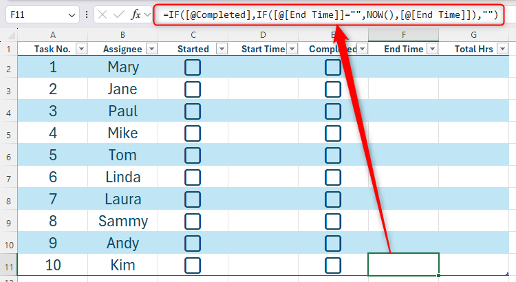 An IF formula that has been applied to all cells in a column.