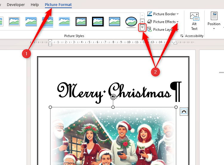 An image in Microsoft Word is selected, and the Picture Styles and Picture Effects options are highlighted.