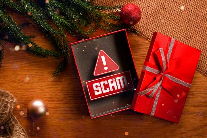 An open gift box next to a Christmas tree with a scam alert inside.