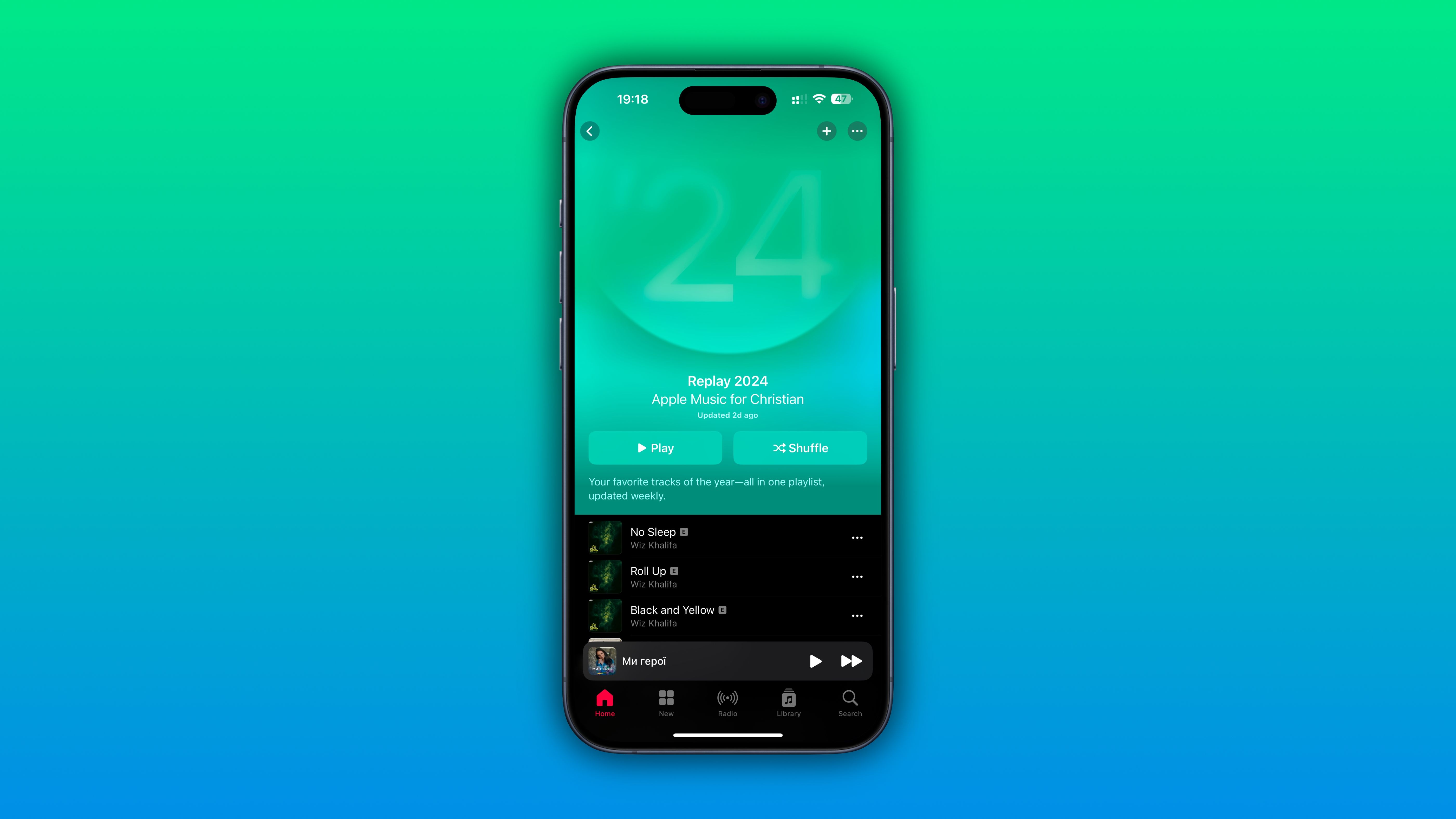 iPhone showcasing Replay 2024 stats in the Music app.