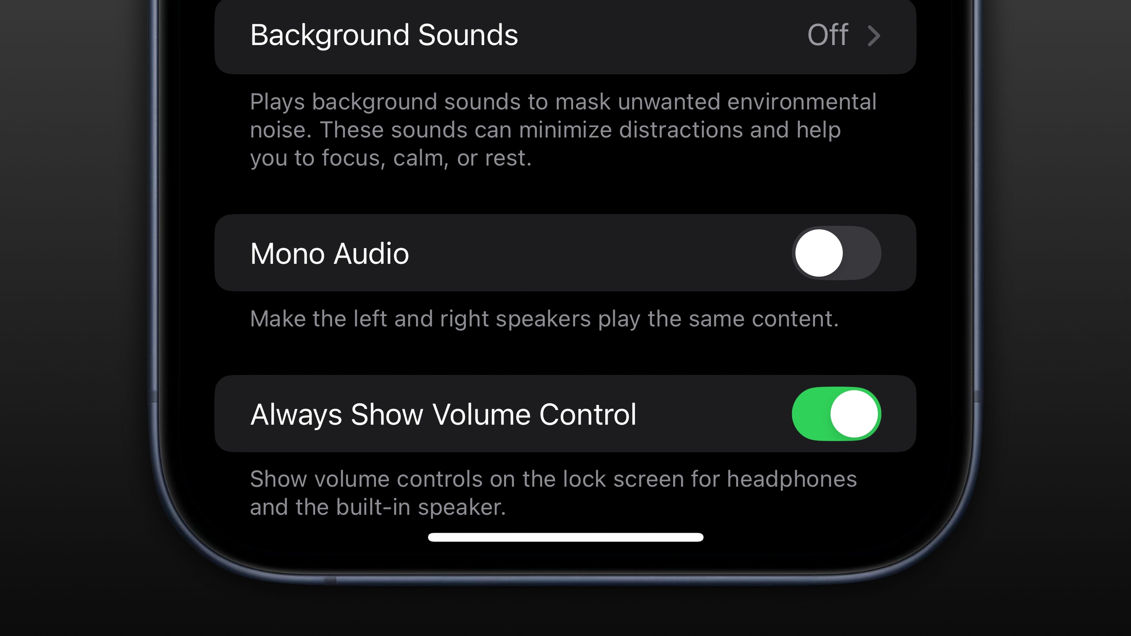 Settings on iPhone with the Always Show Volume Control accessibility switch turned on.