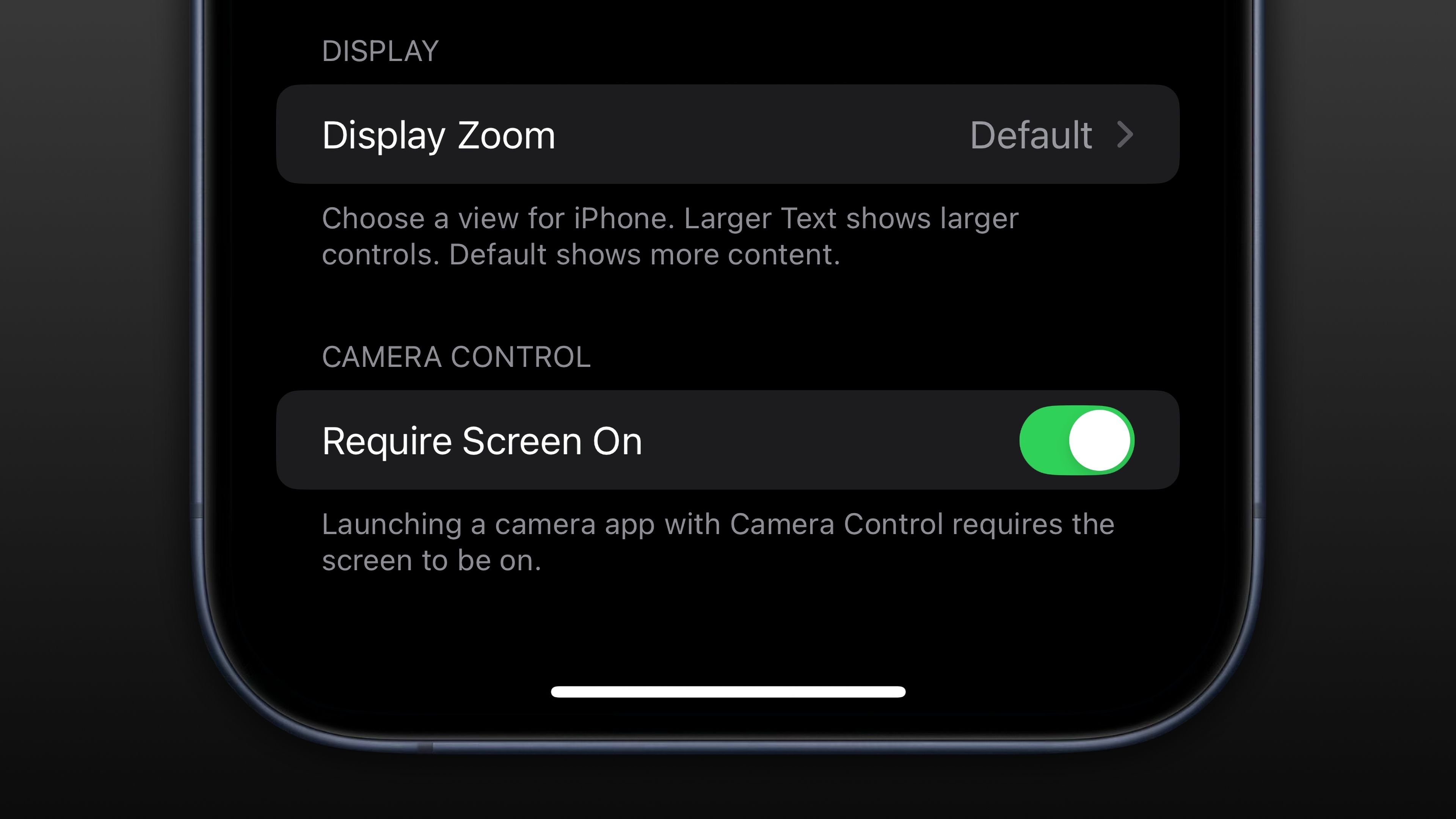 Settings on iPhone with the Require Screen On switch turned on in the Display & Brightness section.