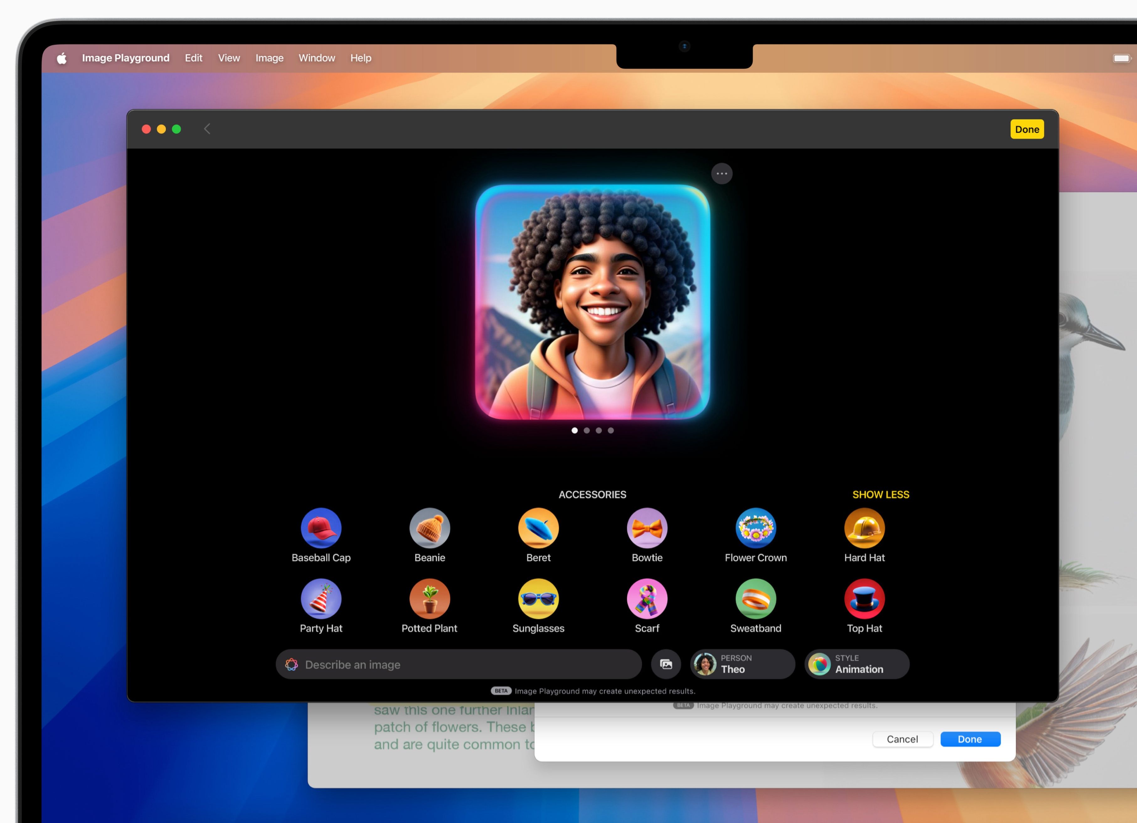 Using Image Playground for Mac to customize accessories for a person.