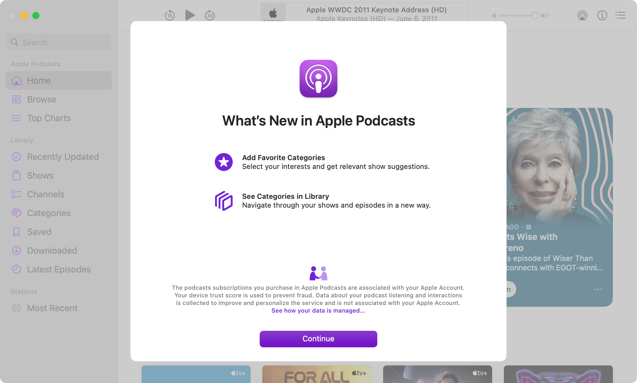 The Apple Podcasts app on a Mac displaying a splash screen listing new features.