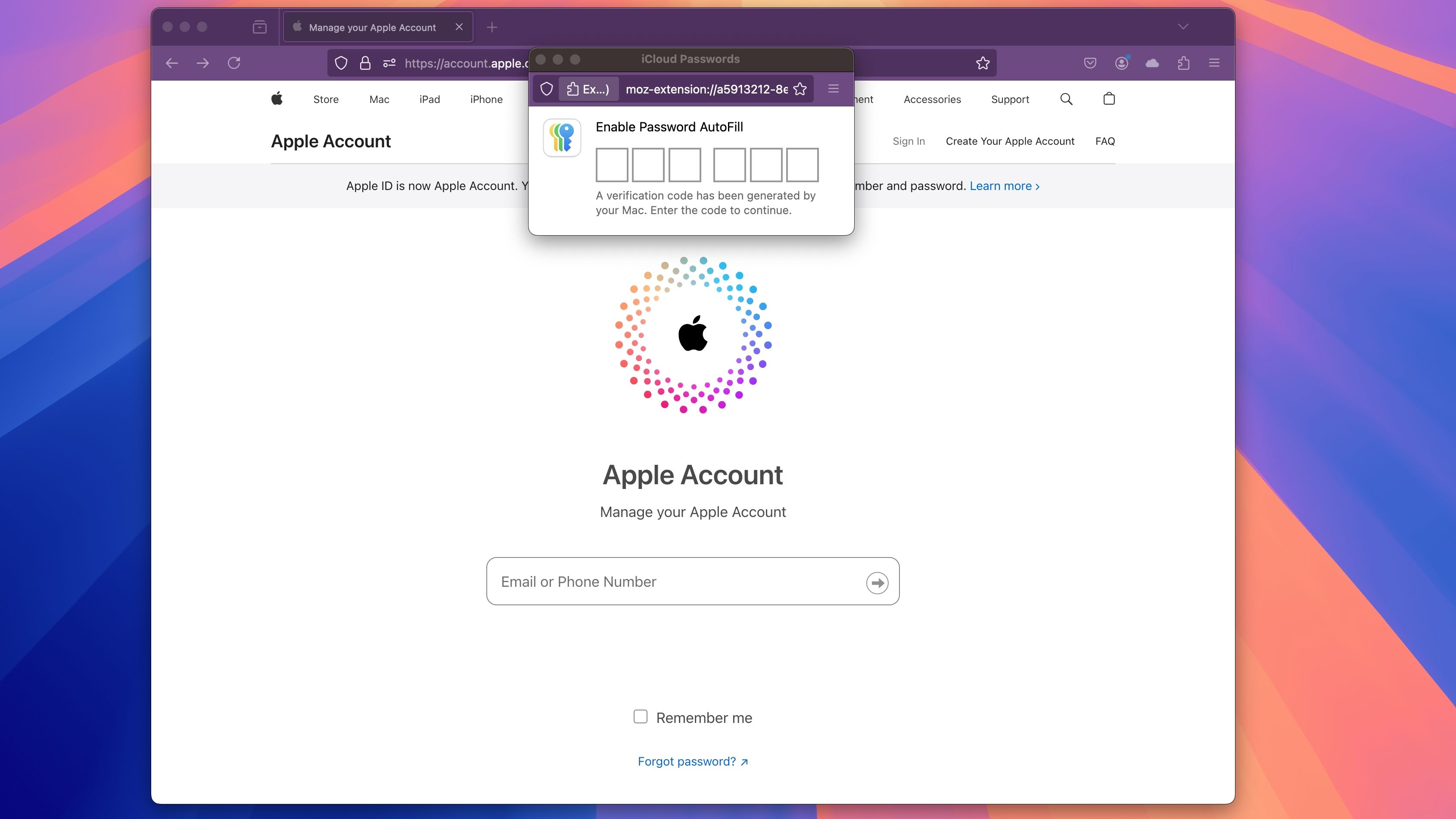 Apple Account login page in Firefox, with the iCloud Passwords extension requiring a verification code to authorize access.