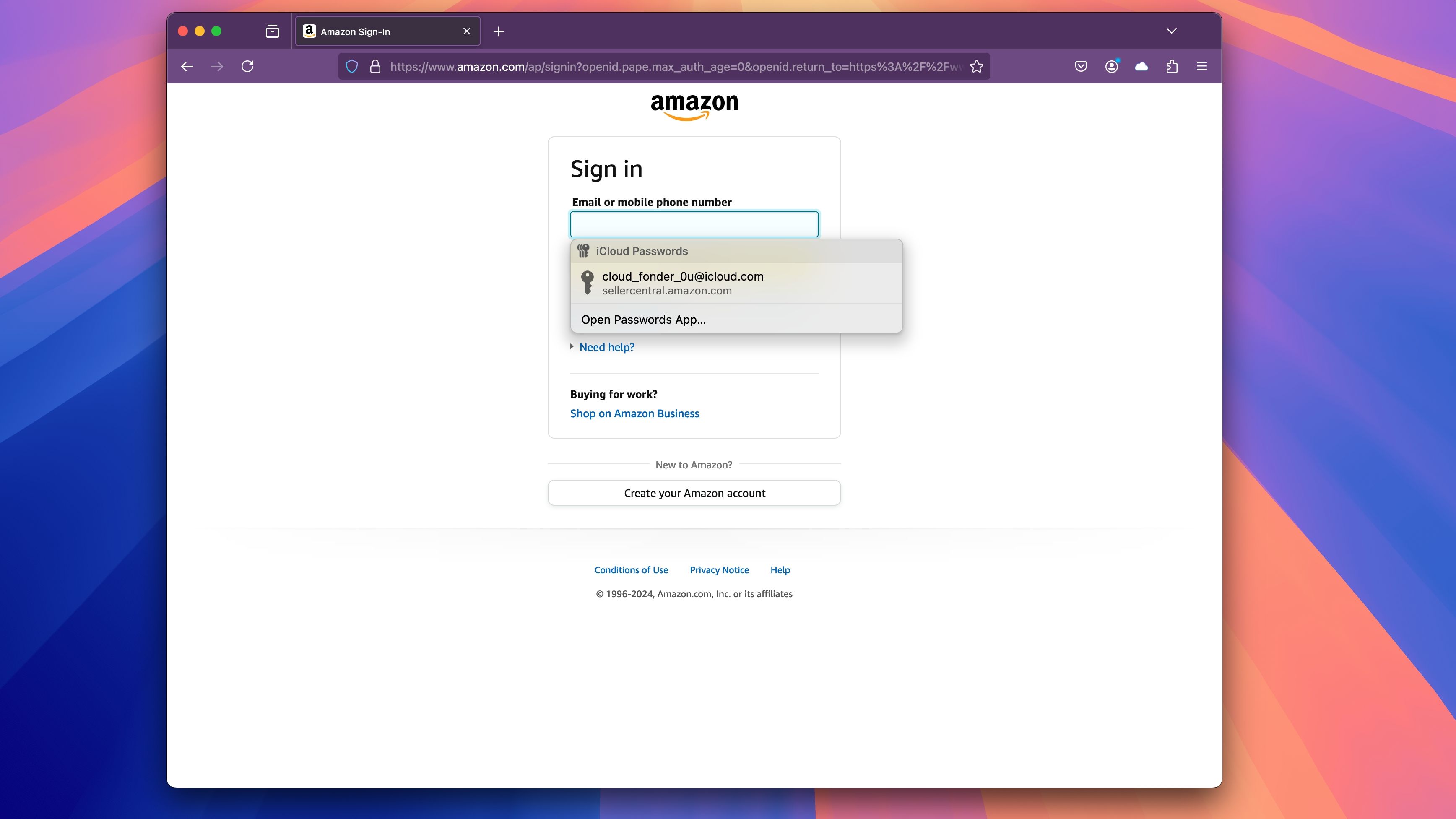 The Amazon login page in Firefox for Mac.