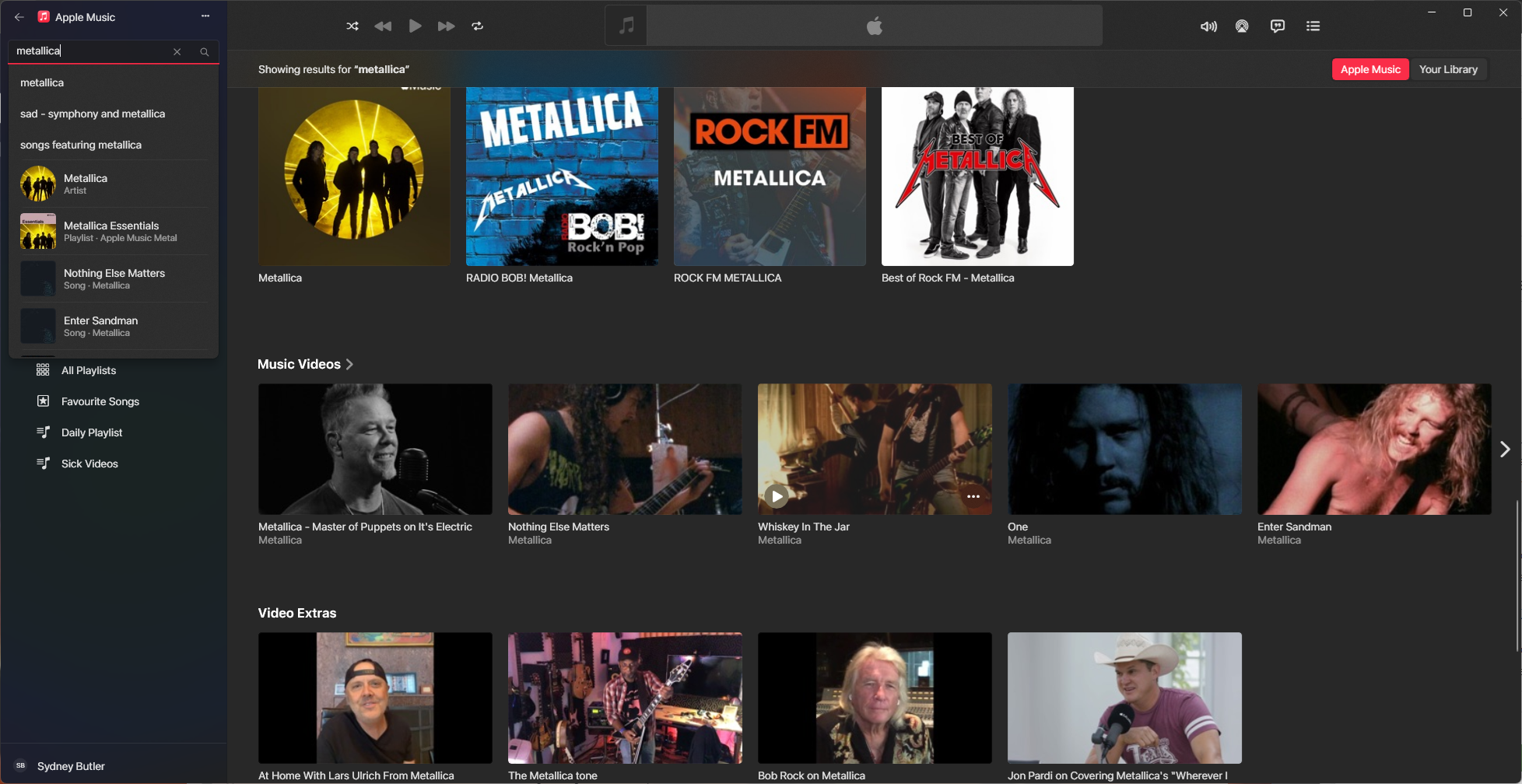 Apple Music's Metallica artist page with music videos.