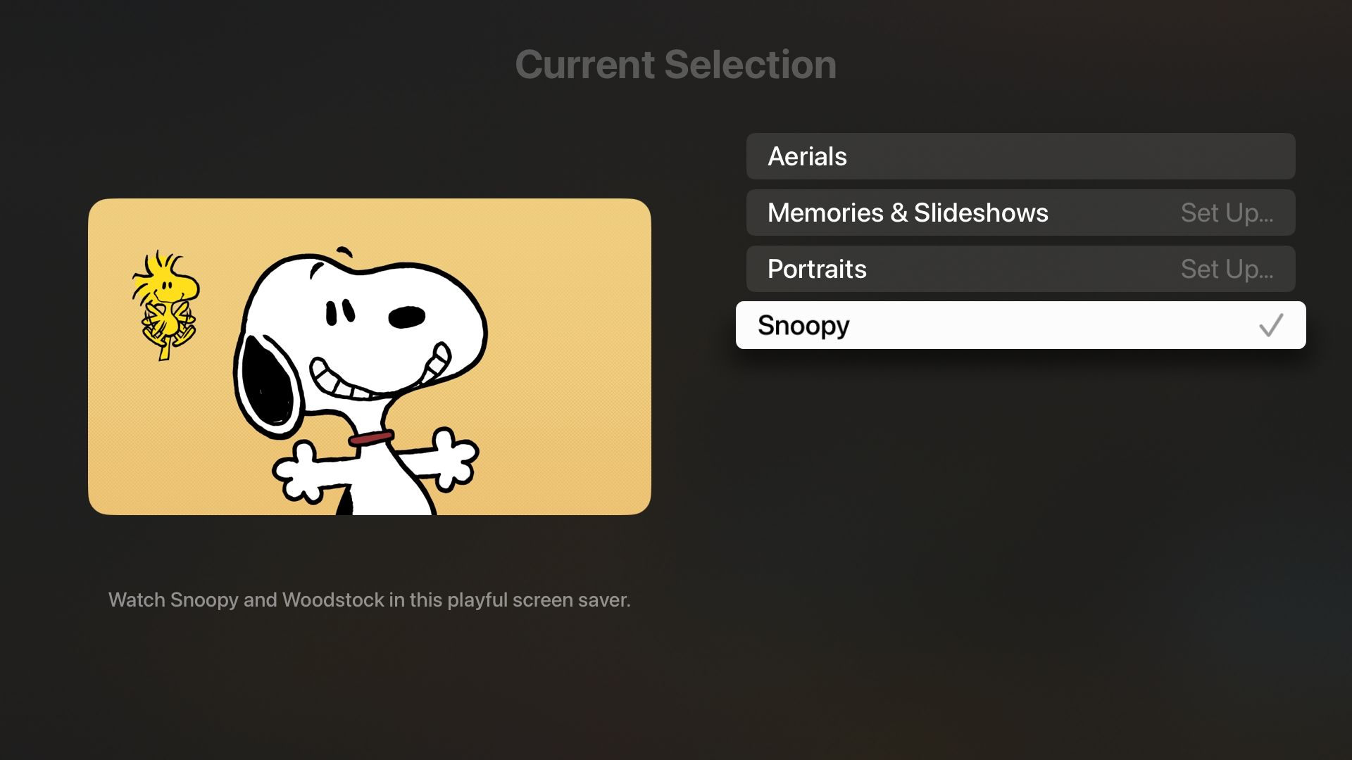 Apple TV screen saver settings with the Snoopy option selected. 