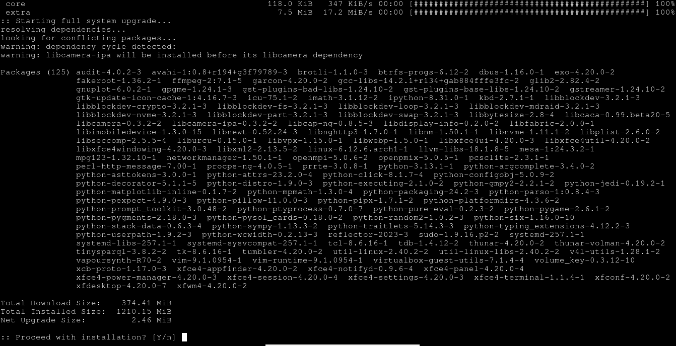 Arch Linux pacman package update asking for user confirmation in the terminal.,