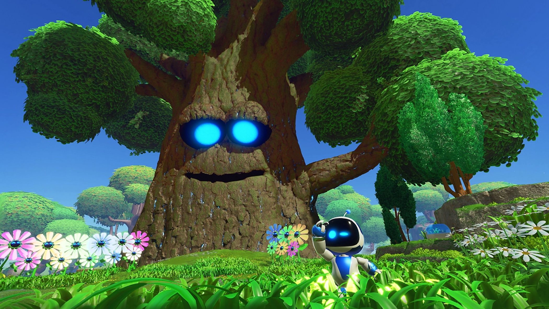 Astro Bot squinting in front of a smiling tree.