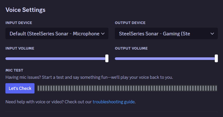 screenshot of Discord Input Device and Output Device settings.