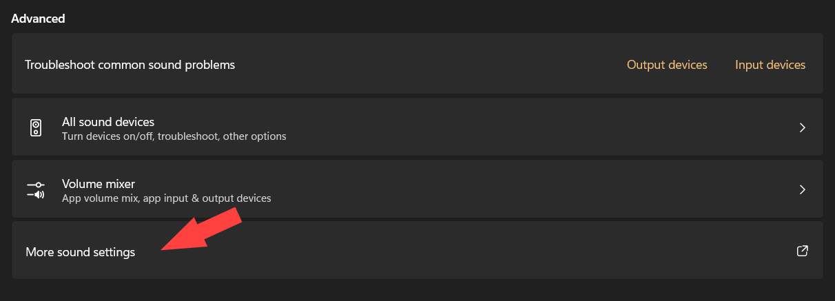 Screenshot of Windows Audio Settings with arrow pointing to More sound settings.