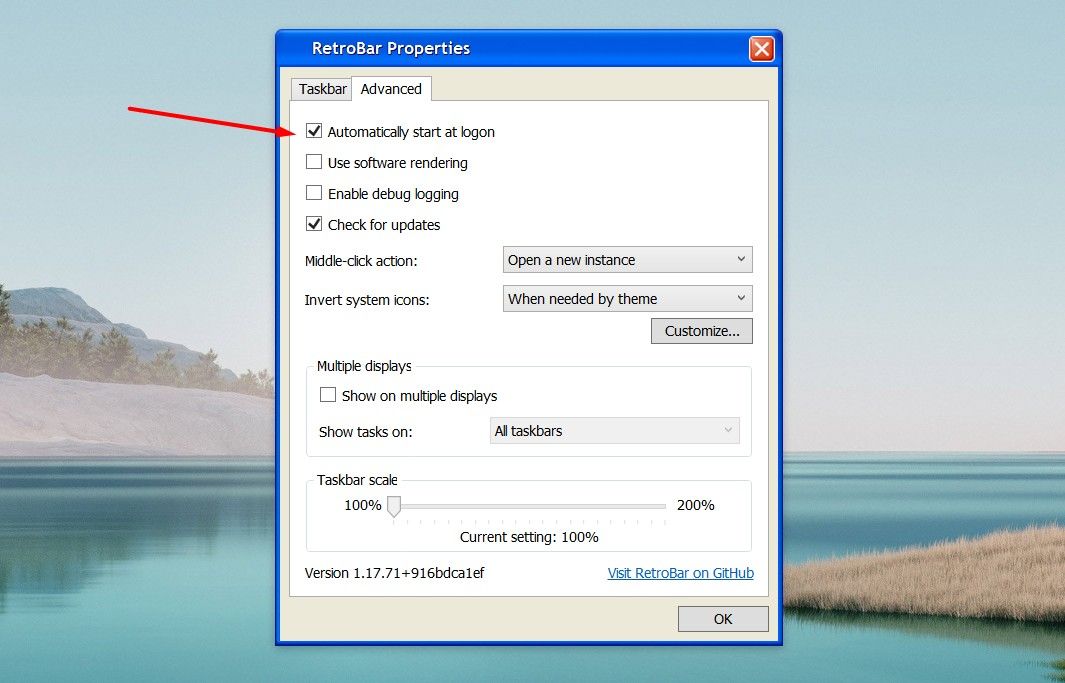 Automatically start at logon option in RetroBar properties window.