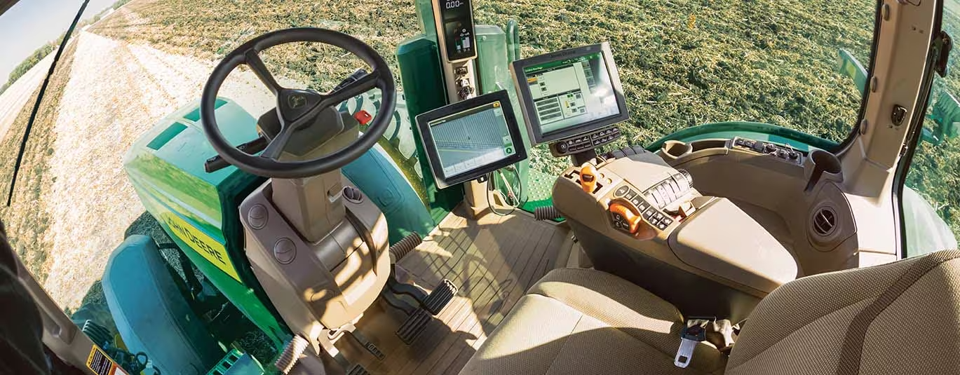 The interior of an autonomous John Deere tractor.