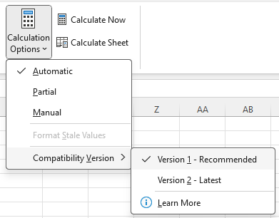 The Compatibility Versions menu in Microsoft Excel.