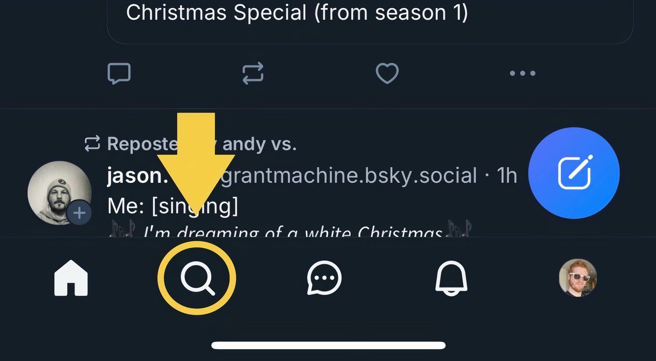 The bottom section of the Bluesky mobile app with an annotated magnifying glass icon.