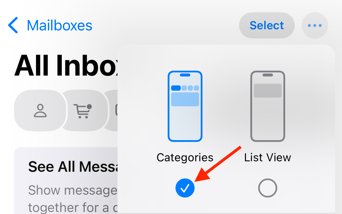 Categories option in Mail app on iPhone.